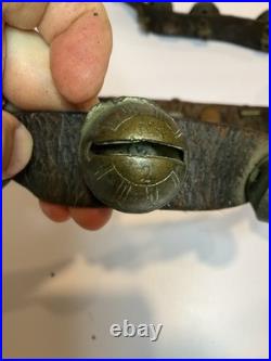 Antique Horshoe brass No. 2 sleigh bells with original leather strap (21 Bells)