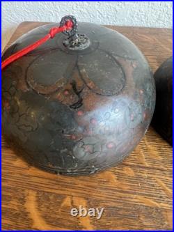 Antique Japanese 5 Temple Bells Five Bronze Flowers Hand Painted Meditation