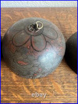 Antique Japanese 5 Temple Bells Five Bronze Flowers Hand Painted Meditation