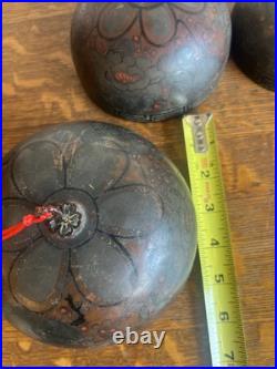 Antique Japanese 5 Temple Bells Five Bronze Flowers Hand Painted Meditation