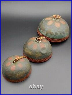 Antique Japanese Lacquer Copper Wind Chimes Gong Bell Painted Artwork