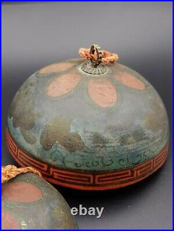 Antique Japanese Lacquer Copper Wind Chimes Gong Bell Painted Artwork