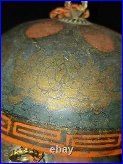 Antique Japanese Lacquer Copper Wind Chimes Gong Bell Painted Artwork