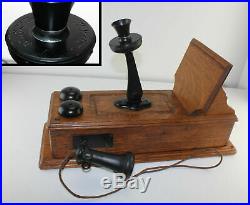 Antique KELLOGG Tiger Oak Wood Raised Panel Crank Wall Phone Brass Bells RINGS