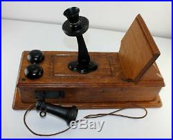 Antique KELLOGG Tiger Oak Wood Raised Panel Crank Wall Phone Brass Bells RINGS