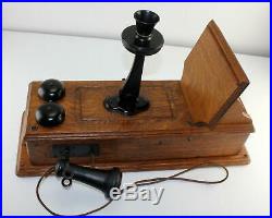 Antique KELLOGG Tiger Oak Wood Raised Panel Crank Wall Phone Brass Bells RINGS