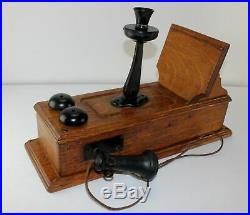 Antique KELLOGG Tiger Oak Wood Raised Panel Crank Wall Phone Brass Bells RINGS