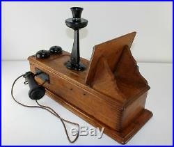 Antique KELLOGG Tiger Oak Wood Raised Panel Crank Wall Phone Brass Bells RINGS