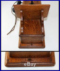 Antique KELLOGG Tiger Oak Wood Raised Panel Crank Wall Phone Brass Bells RINGS