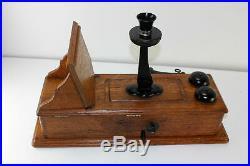 Antique KELLOGG Tiger Oak Wood Raised Panel Crank Wall Phone Brass Bells RINGS