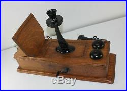 Antique KELLOGG Tiger Oak Wood Raised Panel Crank Wall Phone Brass Bells RINGS