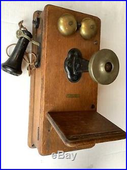Antique Kellogg Wooden Wall Phone Crank Brass Bells