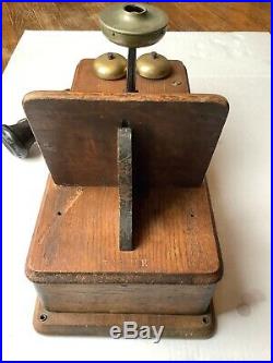 Antique Kellogg Wooden Wall Phone Crank Brass Bells