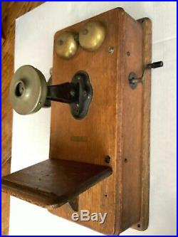 Antique Kellogg Wooden Wall Phone Crank Brass Bells