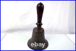 Antique Large 11 Primitive #7 Brass Wood School Ringing Bell Great Tone