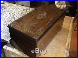 Antique Large Brass Cylinder Music Box 6 Bells Rosewood Inlaid 13
