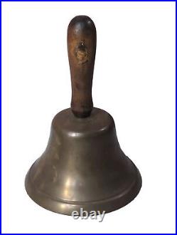 Antique Large Brass Hand Held Teacher School Bell #14 9 Wooden Handle