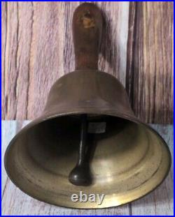 Antique Large Brass Hand Held Teacher School Bell #14 9 Wooden Handle