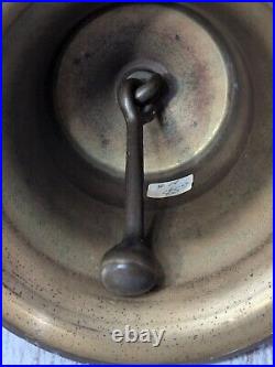 Antique Large Brass Hand Held Teacher School Bell #14 9 Wooden Handle