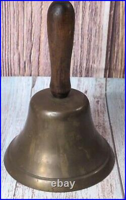 Antique Large Brass Hand Held Teacher School Bell #14 9 Wooden Handle