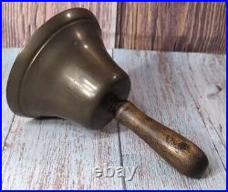 Antique Large Brass Hand Held Teacher School Bell #14 9 Wooden Handle