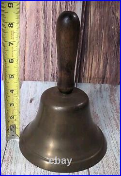 Antique Large Brass Hand Held Teacher School Bell #14 9 Wooden Handle