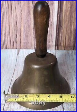 Antique Large Brass Hand Held Teacher School Bell #14 9 Wooden Handle