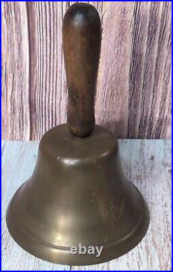 Antique Large Brass Hand Held Teacher School Bell #14 9 Wooden Handle