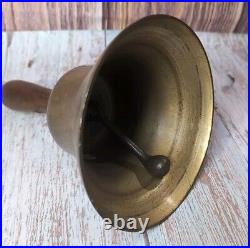 Antique Large Brass Hand Held Teacher School Bell #14 9 Wooden Handle