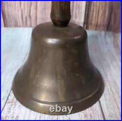 Antique Large Brass Hand Held Teacher School Bell #14 9 Wooden Handle