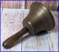 Antique Large Brass Hand Held Teacher School Bell #14 9 Wooden Handle