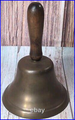 Antique Large Brass Hand Held Teacher School Bell #14 9 Wooden Handle