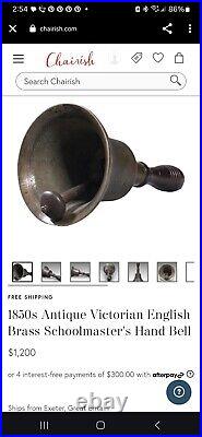 Antique Large Brass Hand Held Teacher School Bell #3 Gorgeous Patina C. 1850-90