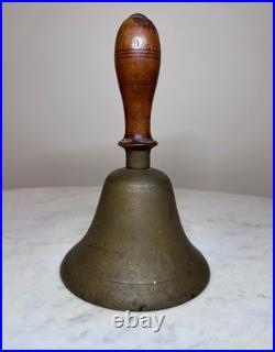 Antique Large Brass Hand Held Teacher School Bell 9 Wooden Handle