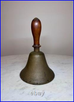 Antique Large Brass Hand Held Teacher School Bell 9 Wooden Handle