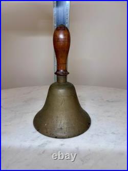 Antique Large Brass Hand Held Teacher School Bell 9 Wooden Handle