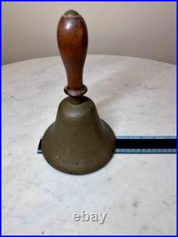 Antique Large Brass Hand Held Teacher School Bell 9 Wooden Handle