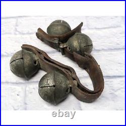 Antique Large Brass Sleigh Bells on Leather Strap Patina Old