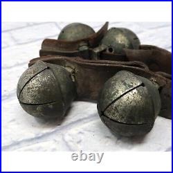 Antique Large Brass Sleigh Bells on Leather Strap Patina Old