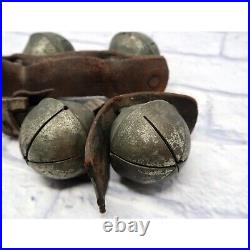 Antique Large Brass Sleigh Bells on Leather Strap Patina Old