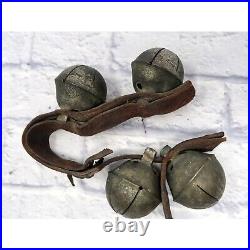 Antique Large Brass Sleigh Bells on Leather Strap Patina Old