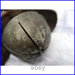 Antique Large Brass Sleigh Bells on Leather Strap Patina Old