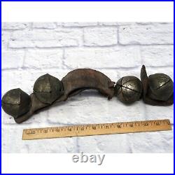 Antique Large Brass Sleigh Bells on Leather Strap Patina Old