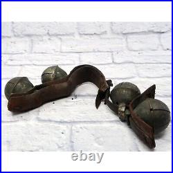 Antique Large Brass Sleigh Bells on Leather Strap Patina Old