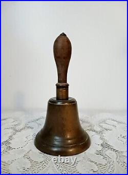 Antique Large Brass Wood Handle Hand Held School / Dinner Bell Original Clapper