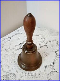 Antique Large Brass Wood Handle Hand Held School / Dinner Bell Original Clapper