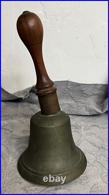 Antique Large Bronze Hand Held School Dinner Church Bell Wood Handle 12