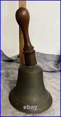 Antique Large Bronze Hand Held School Dinner Church Bell Wood Handle 12