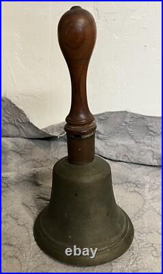 Antique Large Bronze Hand Held School Dinner Church Bell Wood Handle 12
