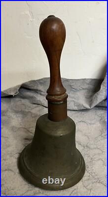 Antique Large Bronze Hand Held School Dinner Church Bell Wood Handle 12